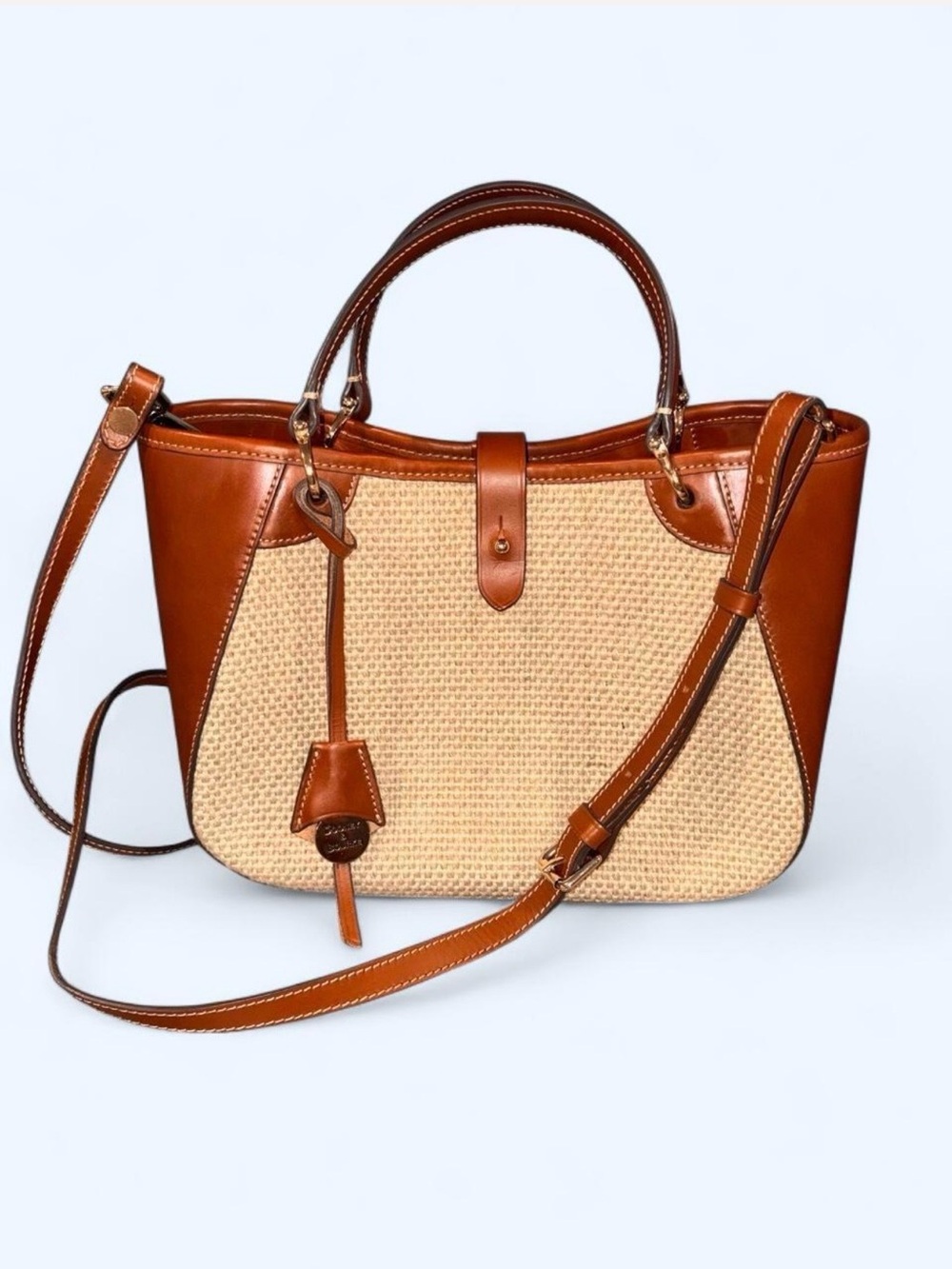 Dooney Bourke RARE! woven Straw and color Saddle Leather small Alto Camilla - Picture 1 of 13